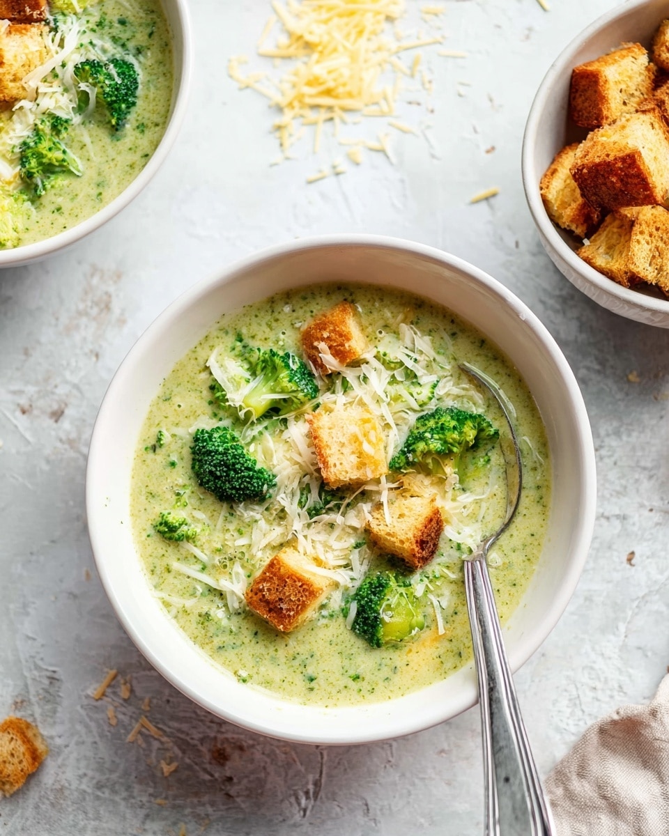 The image shows a bowl of creamy broccoli soup with three clear layers. The bottom layer consists of a thick, light green soup base with small broccoli pieces mixed in. On top of the soup, there are several bright green broccoli florets scattered around. The top layer is made of golden-brown toasted bread cubes spread unevenly across the surface, with some white shredded cheese sprinkled lightly over the soup and bread. A silver spoon rests inside the bowl, partially submerged in the soup near the edge. The bowl is white with a slightly scalloped edge, placed on a white marbled surface with a few extra toasted bread cubes and broccoli florets scattered around. Photo taken with an iphone --ar 4:5 --v 7
