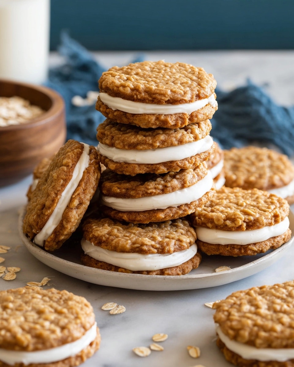 The image shows a close-up of two stacked oatmeal cream sandwich cookies on a white marbled surface. Each cookie has two rough-textured, light brown, oatmeal layers with visible oats and small nuts, sandwiching a thick layer of smooth, white cream filling. One cookie on top is partially bitten, showing the soft inside of the oatmeal cookie and the creamy filling. Surrounding these, more sandwich cookies are out of focus, and a blurred white bottle, likely milk, is in the background. The light is soft, highlighting the texture of the cookies and cream. photo taken with an iphone --ar 4:5 --v 7