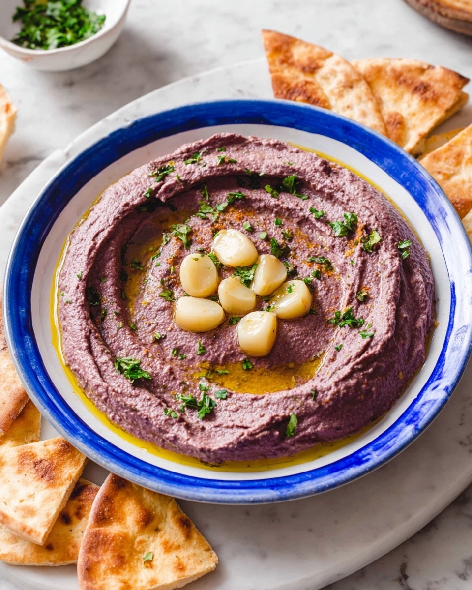 A white plate with blue rings holds a creamy purple hummus spread evenly in one thick layer. On top of the hummus, whole roasted garlic cloves with a light golden color are scattered along the left side. Three toasted pita triangles with a golden brown surface rest on the right side, partially on the hummus. Small green parsley leaves are sprinkled over the dish, adding a touch of fresh color. The plate is set on a dark wooden board with some triangular pita chips around it. A small light gray bowl with more fresh chopped parsley is nearby on a white marbled surface. A striped cloth napkin with blue and white lines is placed under part of the plate. Photo taken with an iphone --ar 4:5 --v 7