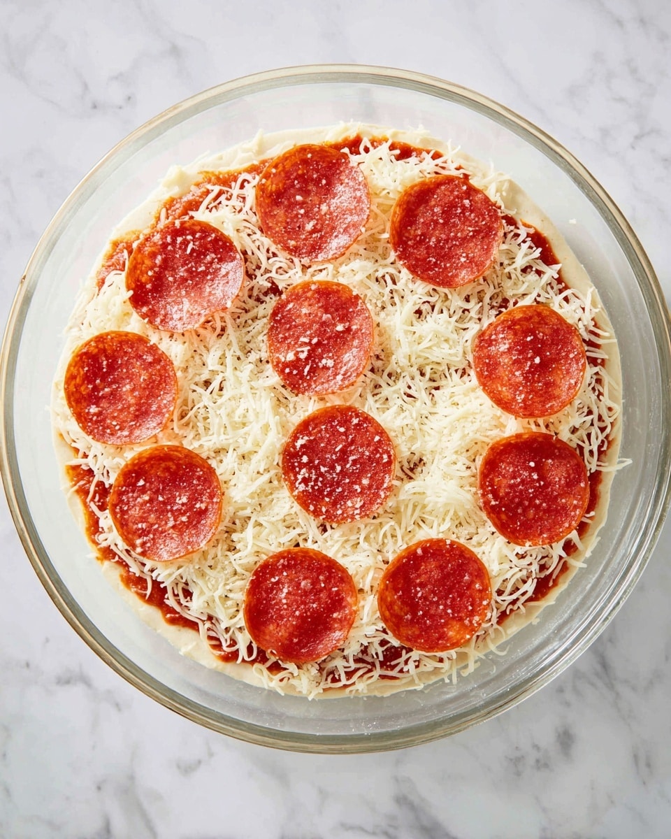 A glass pie dish contains a round pizza with three visible layers: a golden crust base, a middle layer of melted mozzarella cheese with a slightly bubbly texture, and a top layer of bright red pepperoni slices arranged evenly. The cheese layer shows hints of orange from the tomato sauce underneath, and the pepperoni slices have a glossy surface with small green herb flakes sprinkled on top. The dish sits on a gray and white striped cloth on a white marbled surface, with small white salt and pepper shakers nearby, and a white bowl holding pieces of sliced baguette bread to the upper left, with one piece of bread placed beside the pie dish on the cloth. Photo taken with an iphone --ar 4:5 --v 7