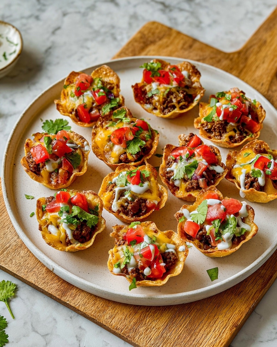 The image shows small crispy taco cups arranged on a white plate sitting on a wooden board with a white marbled texture underneath. Each taco cup has three layers: the bottom layer is a golden brown crispy shell shaped like a small bowl, filled with dark browned cooked meat. The middle layer has melted light yellow cheese slightly browned on top of the meat. The top layer is fresh and colorful, made of diced red tomatoes, small pieces of purple onion, and green chopped cilantro leaves. Extra cilantro leaves are scattered on the plate near the taco cups. Photo taken with an iphone --ar 4:5 --v 7
