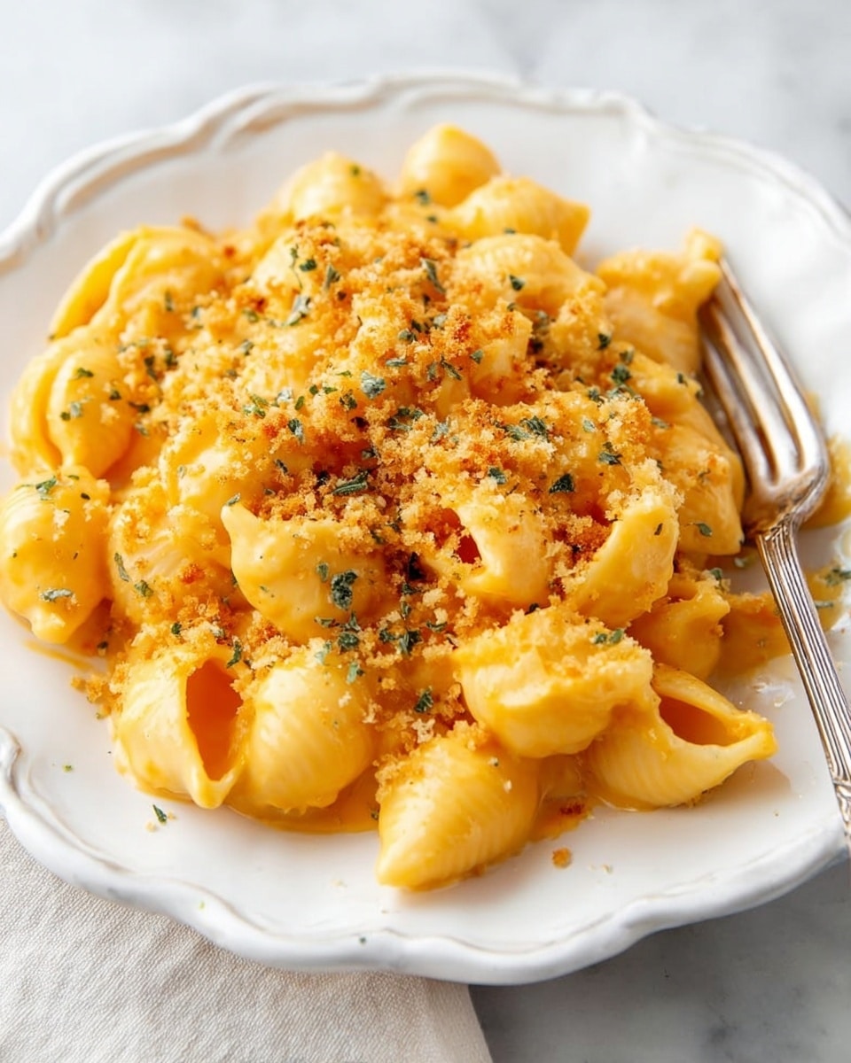 A white scalloped plate holds a serving of small shell pasta coated in smooth, creamy orange cheese sauce, topped with a light sprinkle of golden brown breadcrumbs and small green herb pieces. A silver fork rests on the right side of the plate, which sits on a soft off-white towel. Around the plate, there are scattered breadcrumbs and a few small green leaves on a white marbled surface. Nearby, a piece of crusty beige bread with a light, floury top is partially visible. Additional white scalloped plates with the same pasta dish and silver forks are placed in the background, along with a small white bowl filled with breadcrumbs. photo taken with an iphone --ar 4:5 --v 7