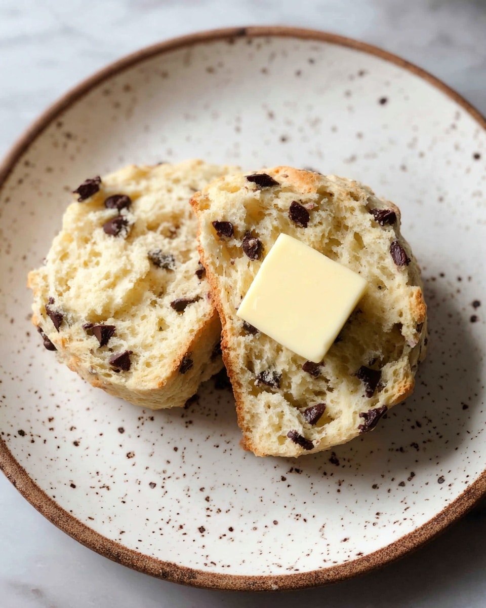 The image shows three round, golden-brown scones with chocolate chips baked inside them. Each scone has a slightly rough texture on top with visible sugar crystals that add a sparkling effect. The scones have a thick, soft dough base that rises evenly, with chocolate chips scattered throughout the dough and peeking on the sides. They are placed on white parchment paper inside a silver baking tray. The background is a white marbled texture, and the focus is on the scone in the middle with others slightly blurred in the foreground and background. photo taken with an iphone --ar 4:5 --v 7
