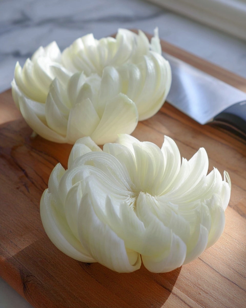 Two large, golden-brown fried blooming onions sit on a white plate on a white marbled surface. The onions are cut into many thin layers that fan out like petals, each layer showing a crispy, crunchy texture with some darker browned spots. Behind them, a small clear glass bowl holds a pale cream dipping sauce with a smooth texture. A blue-and-white striped cloth is softly folded in the background. photo taken with an iphone --ar 4:5 --v 7