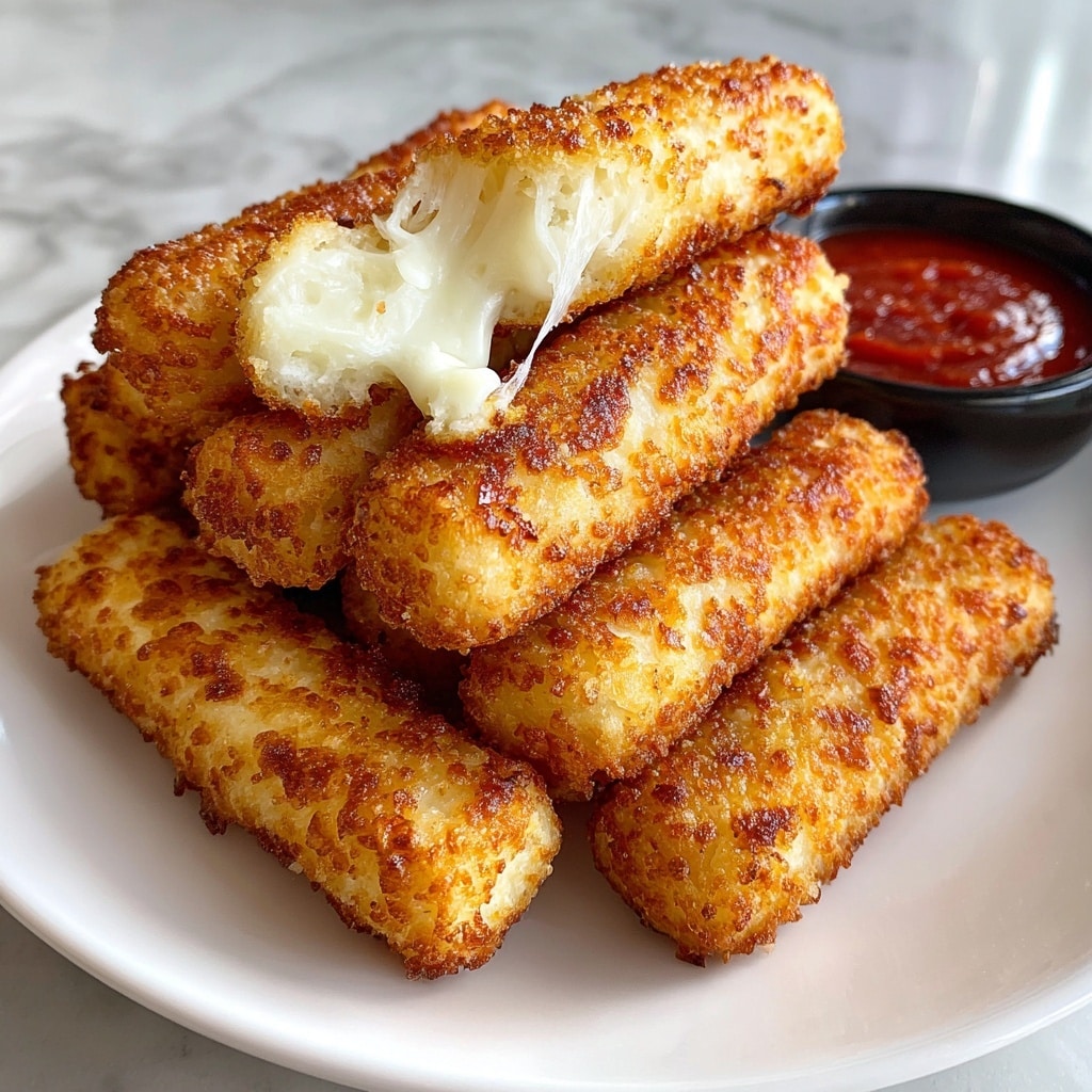 A close-up shot shows a golden-brown, crispy mozzarella stick dipped halfway into a bowl of thick, red marinara sauce with a slightly chunky texture. In the background, a woman’s hand holds the mozzarella stick near the edge of the bowl, while a white plate stacked with several more mozzarella sticks sits on a white marbled surface, slightly blurred to keep focus on the dipping action. Photo taken with an iphone --ar 4:5 --v 7