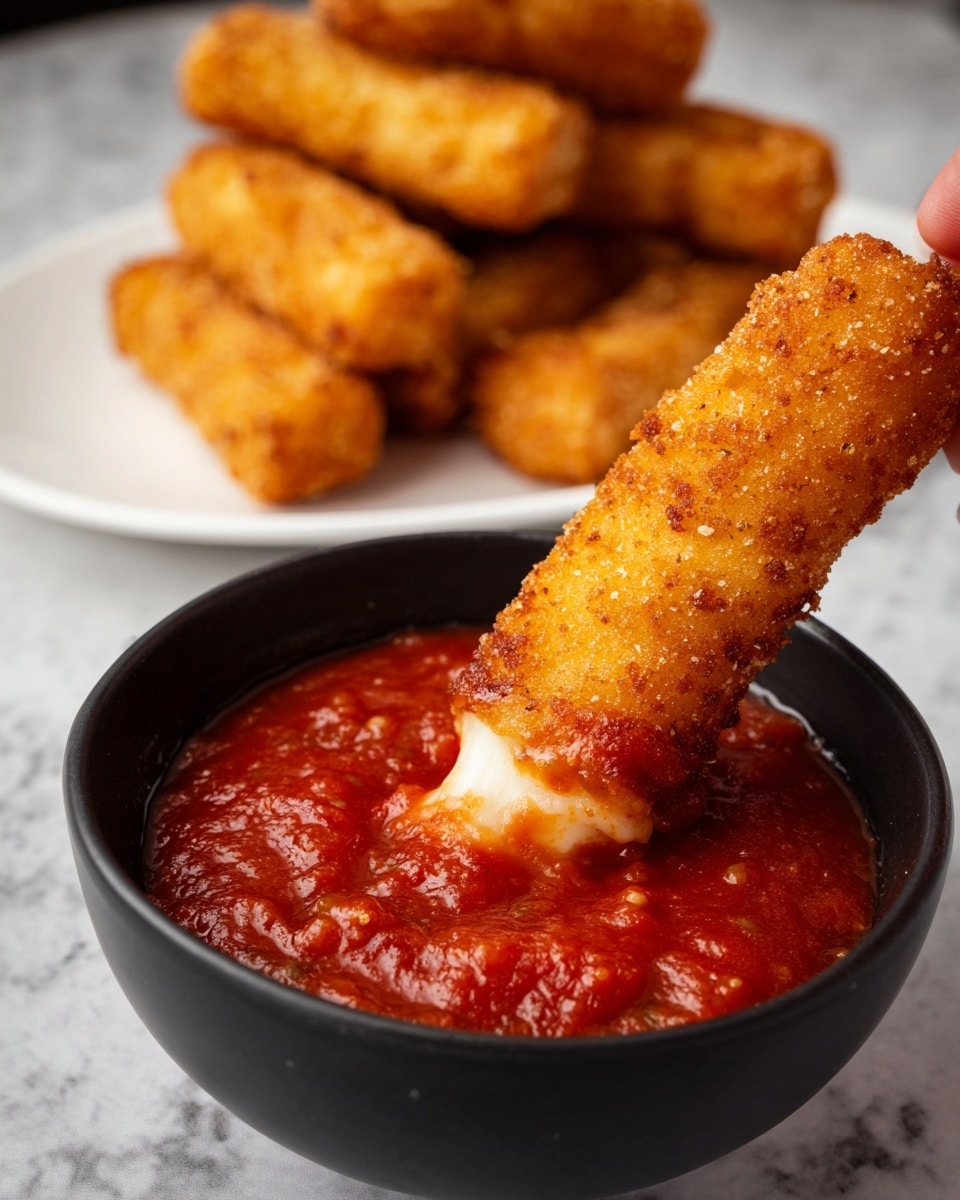 A white plate holds a stack of eight golden-brown fried sticks with a crispy, bubbly texture on the outside. One stick is broken open and positioned on top, revealing a soft, white, fluffy inside stretching slightly apart. In the background, there is a small black bowl filled with red dipping sauce placed on a white marbled surface. photo taken with an iphone --ar 4:5 --v 7
