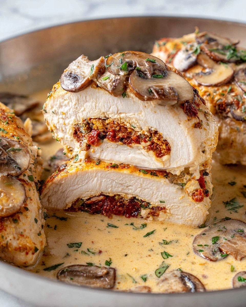 The image shows a close-up of a cooked stuffed chicken breast cut into two halves stacked on top of each other in a white pan with a creamy mushroom sauce. The chicken has a golden-brown outside layer, while the inside reveals two layers: a light beige cooked meat layer and a rich, textured sun-dried tomato filling layer with a reddish-brown color. On top of the chicken and around it are slices of sautéed mushrooms with a light brown color and some green herb garnish. The white marbled surface is slightly visible beneath the pan. Photo taken with an iphone --ar 4:5 --v 7