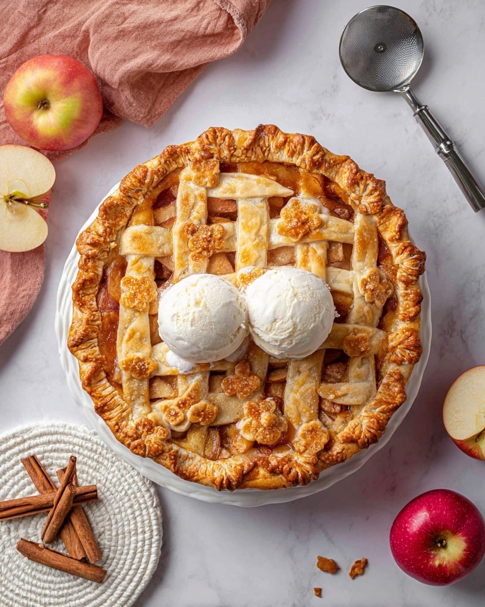 The image shows a freshly baked apple pie with a golden brown, lattice crust on top, featuring thick, woven strips of dough arranged in a crisscross pattern. The pie filling is visible through the gaps, showcasing soft, caramelized apple chunks with a warm, slightly glossy texture beneath the crust. The pie is in a white ceramic dish placed on a white marbled surface. In front of the pie, there is a slice served on a white plate, topped with a round scoop of melting vanilla ice cream that adds a smooth, creamy white layer on top. Next to the plate, a silver spoon rests on the surface. Around the pie, there are fresh apple slices, cinnamon sticks, a bowl of cinnamon powder, and a wooden container with sugar, all set against the white marble. photo taken with an iphone --ar 4:5 --v 7