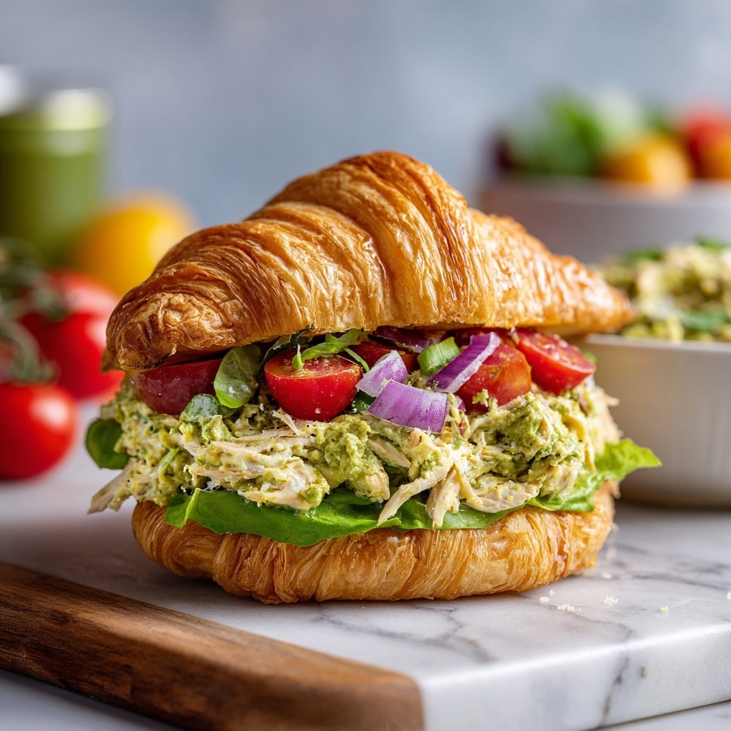 A sandwich is shown on a wooden board with a white marbled surface underneath. The sandwich has three main layers: the top layer is a golden-brown croissant bun with a flaky texture, the middle layer is a mixture of finely shredded chicken or tuna with chopped cherry tomatoes and herbs in a creamy, greenish dressing, and the bottom layer is fresh green lettuce leaves resting on the bottom half of the croissant bun. Some grated cheese is sprinkled lightly on top of the filling. In the blurry background, there is a white bowl filled with a similar creamy mix and some red and green elements, along with some vine tomatoes and a green can. photo taken with an iphone --ar 4:5 --v 7