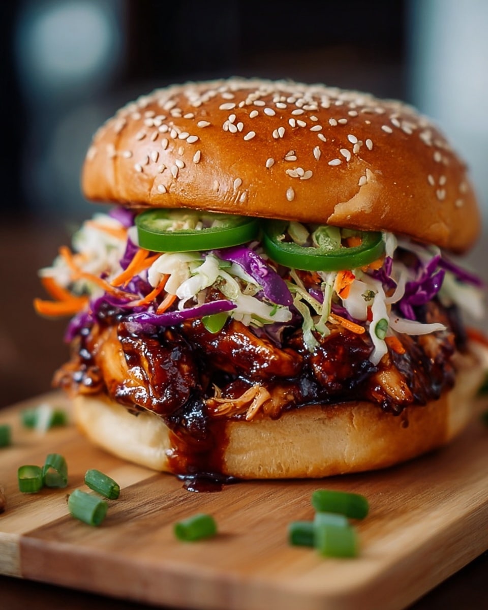 A close-up view of a sandwich featuring a shiny golden brown sesame seed bun on top, underneath which there is a colorful layer of sliced green jalapeños, shredded purple cabbage, white cabbage, and thin orange carrot strips, all sitting above a thick layer of grilled chicken pieces covered in dark, sticky BBQ sauce, all resting on the bottom half of a soft, light brown bun, placed on a wooden cutting board with some chopped green onions scattered around; the background is softly blurred. Photo taken with an iphone --ar 4:5 --v 7