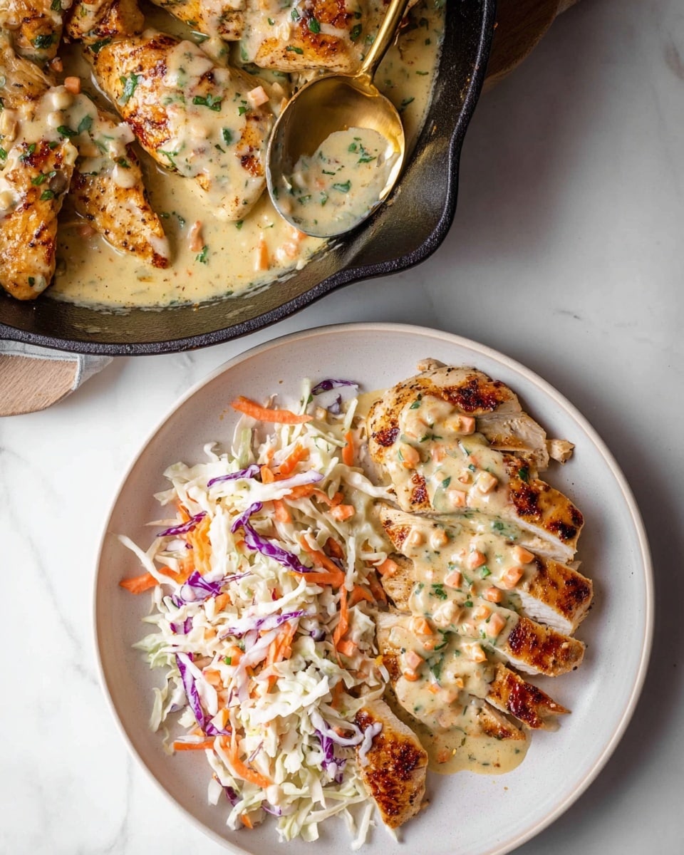 A black cast iron pan holds four browned chicken breasts covered with a creamy sauce that has visible chunks of orange carrots and green herbs mixed in. The sauce is light tan with a smooth, slightly thick texture, pooling around the chicken and filling the pan almost to the top edge, with some areas showing a golden baked surface. The pan rests on a white marbled texture surface and a white cloth with gray stripes is partially visible at the bottom right, held by a woman's hand. photo taken with an iphone --ar 4:5 --v 7