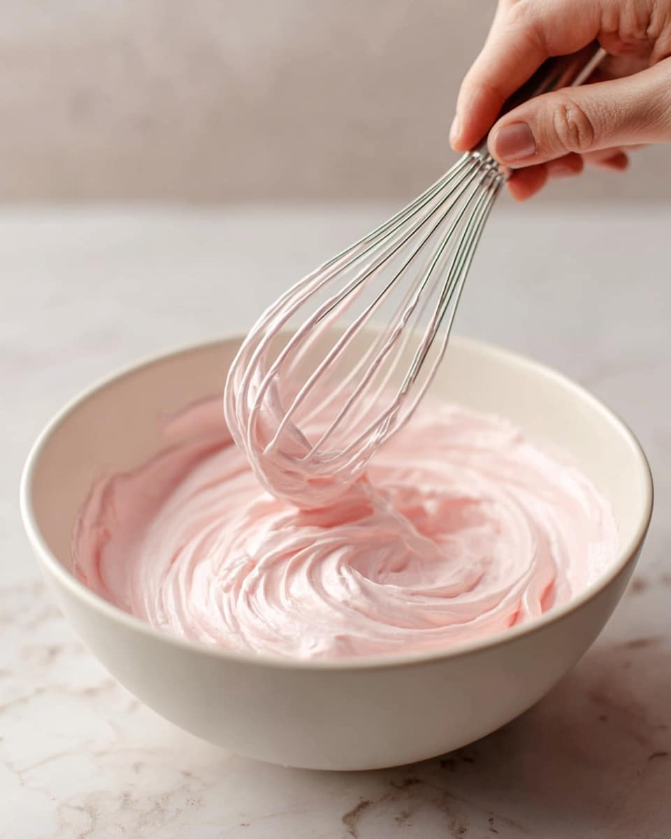 The image shows six mini pink cheesecakes on a white round plate, placed on a light pink cloth with a white marbled background. Each cheesecake has two layers: a bottom layer of crumbly golden-brown crust and a thick, smooth, pale pink cheesecake layer above it. On top of each cheesecake, there is a swirl of white whipped cream with a dusting of pink powder that adds a light texture and color contrast. The cheesecakes are closely arranged, and the focus is on the front one, showing clear details of the layers and whipped cream. Photo taken with an iphone --ar 4:5 --v 7