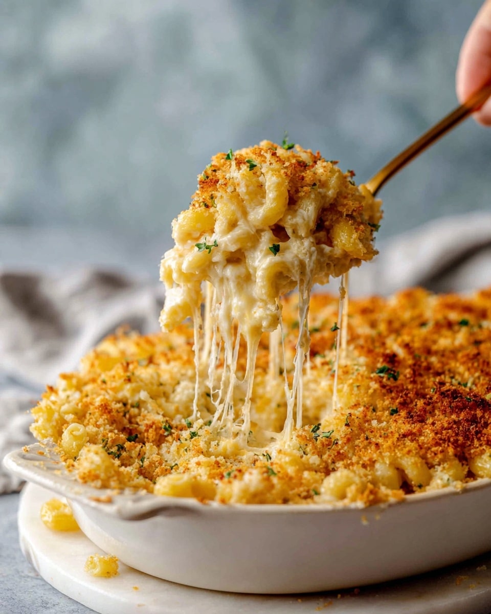 A close-up of baked macaroni and cheese being lifted from a white casserole dish with a golden spoon held by a woman's hand. The dish shows several layers: a creamy, pale yellow cheesy pasta layer with visible herbs, topped with a golden-brown breadcrumb crust with small green herb sprinkles. As the macaroni is lifted, melted cheese stretches in long strings from the dish, enhancing the gooey texture. The plate rests on a white marbled texture surface, and the background is softly blurred in light gray tones. photo taken with an iphone --ar 4:5 --v 7