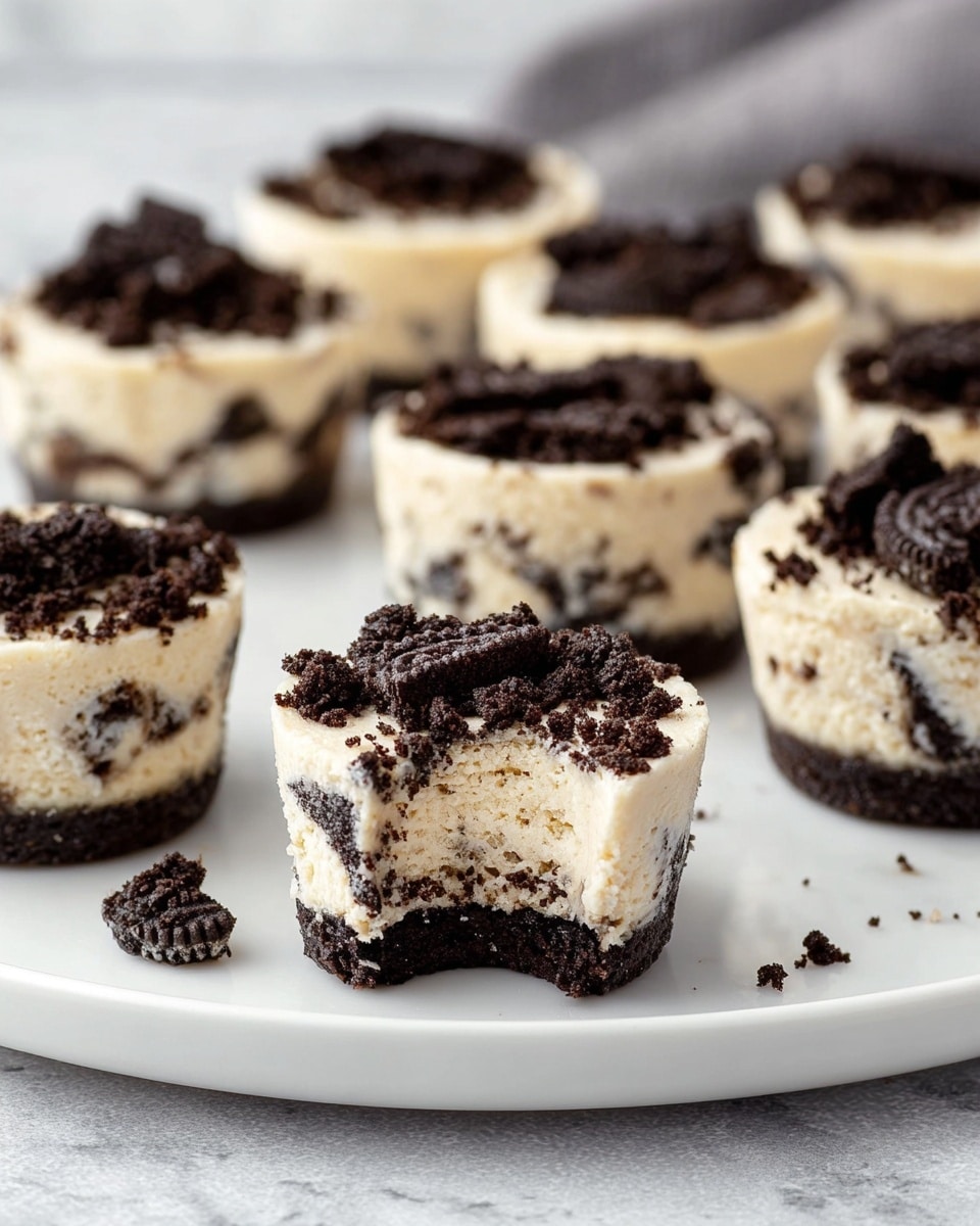 The image shows a metal muffin tray with eight Oreo cheesecake cupcakes in white paper liners, filled with a creamy white layer topped with dark crushed Oreo cookie crumbs. Three whole Oreo cookies rest in two compartments of the muffin tray while two cupcakes sit outside on a white marbled surface, alongside four whole Oreo cookies scattered around. The contrast between the creamy white filling, dark crumbs and black cookies makes the cupcakes look rich and textured. photo taken with an iphone --ar 4:5 --v 7