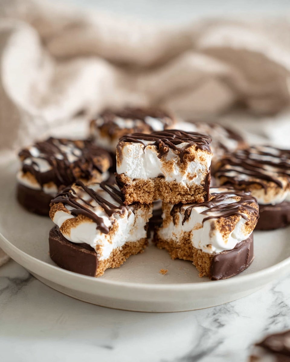 The image shows a white plate with several cookie-like treats arranged on it. Each treat has three layers: the bottom layer is solid dark brown chocolate, the middle layer is a light brown crumbly cookie base, and the top layer is white fluffy marshmallow. The marshmallow layer is drizzled with dark chocolate in a zigzag pattern, adding a rich texture on top. Two of the treats are cut in half, showing the thick cookie layer and marshmallow clearly between the chocolate layers. The plate is set on a white marbled surface with a soft beige cloth in the background. Photo taken with an iphone --ar 4:5 --v 7