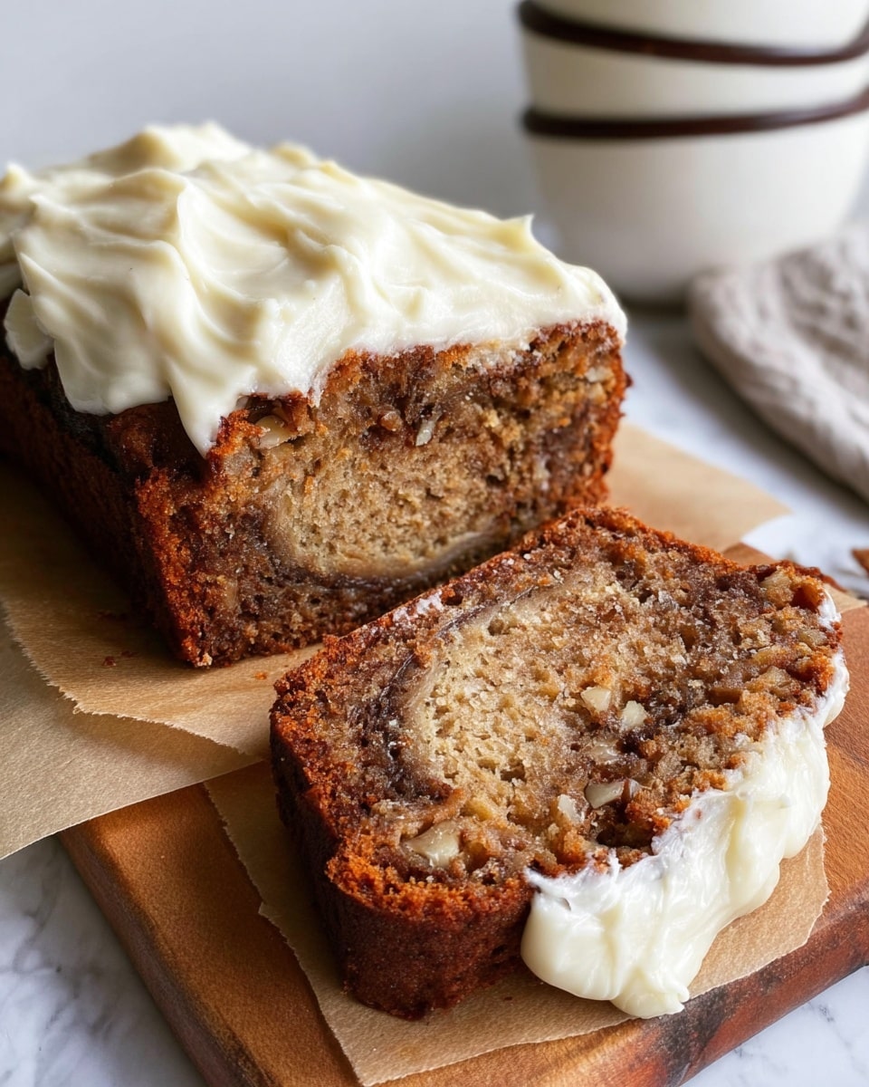 A thick slice of moist banana bread with a dark brown crust and a light golden-brown inside showing bits of nuts and swirls of cinnamon, placed next to the remaining loaf on brown parchment paper on a wooden board. The top of the loaf is covered with a thick, creamy layer of white cream cheese frosting that has smooth, swirled texture. In the background, there are stacked white bowls with dark rims slightly out of focus, all set on a white marbled surface. photo taken with an iphone --ar 4:5 --v 7