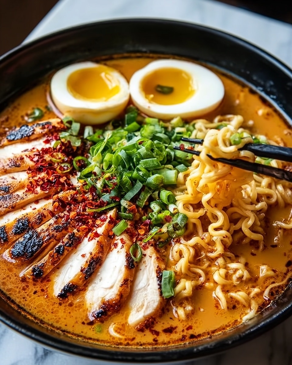 A white bowl filled with rich creamy ramen broth with three main layers: at the bottom are light yellow noodles submerged in the broth, topped with thick slices of grilled brown chicken placed on one side, bright green chopped scallions on another side, and two halved soft-boiled eggs with shiny golden yolks on the side; thin red chili threads and dark sesame seeds are sprinkled on top in the center for color contrast. The bowl is placed on a white marbled surface. Photo taken with an iphone --ar 4:5 --v 7