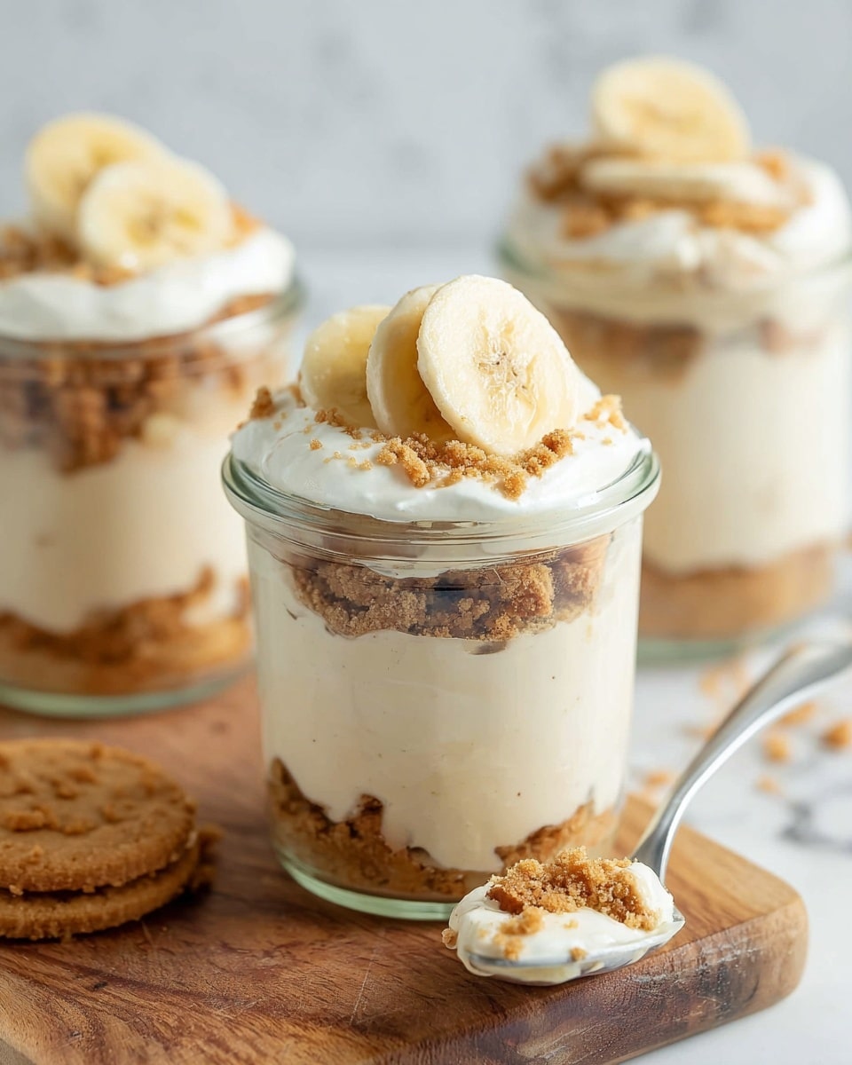 The image shows a clear glass jar filled with three visible layers: the bottom layer is light brown creamy mousse with smooth texture; the middle layer consists of banana slices pressed against the glass and crunchy brown crumbles; the top layer is white whipped cream sprinkled with more brown crumbles and topped with a single banana slice standing upright. The jar is placed on a round white marble board with two round golden brown cookies beside it and a golden spoon on the right side. The background has a soft white marbled texture, with two more jars blurred in the background. Photo taken with an iphone --ar 4:5 --v 7