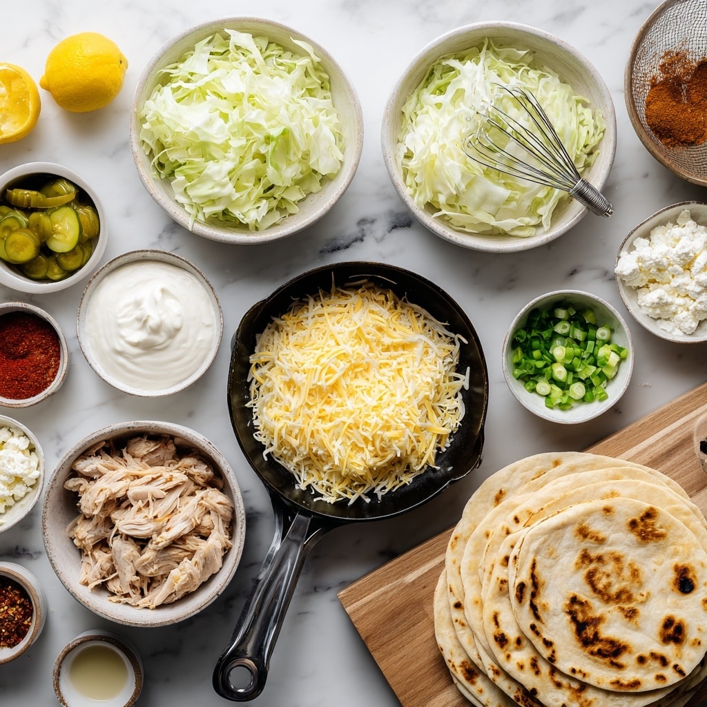 Four crispy yellow corn taco shells with dark brown charred spots are neatly lined up on a white plate. Each taco is filled with a base layer of shredded, seasoned chicken in light brown shades, topped with melted white cheese that peeks out unevenly. On top, a creamy white sauce with green herb flecks is drizzled generously, garnished with small pieces of green pickled pepper and fresh green dill sprigs. The plate rests on a white marbled surface. Photo taken with an iphone --ar 4:5 --v 7