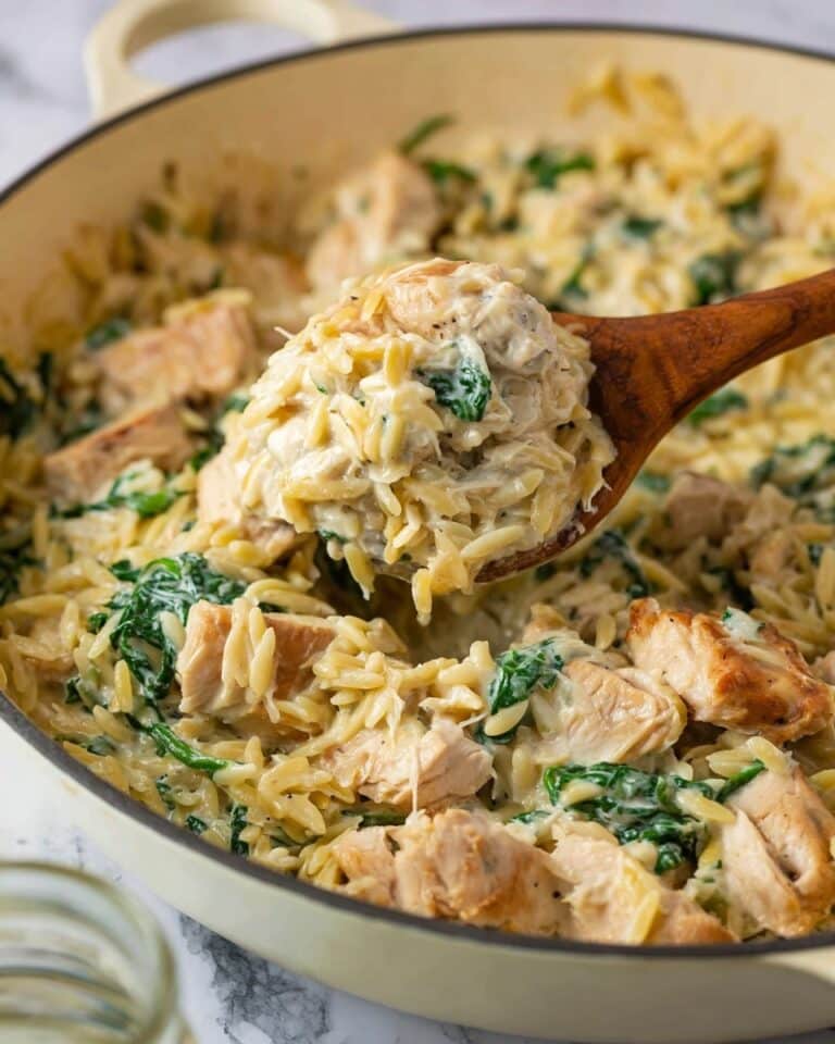 One Pan Spinach Artichoke Chicken Orzo Recipe