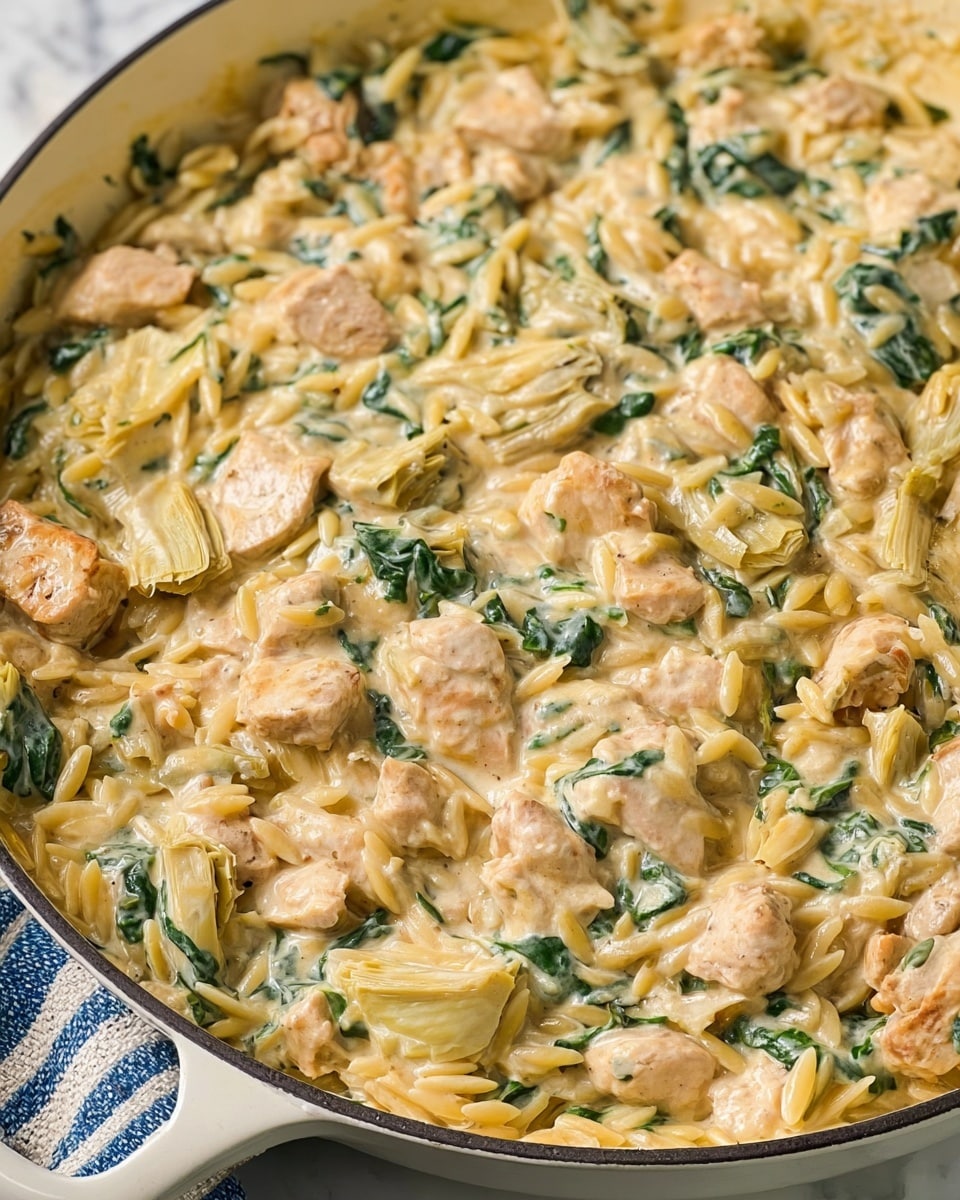 A close-up view of a creamy pasta dish in a white pan, showing three main layers: pieces of light brown cooked chicken, green leafy spinach, and small yellow orzo pasta mixed thoroughly in a rich, creamy white sauce. A wooden spoon lifts a scoop from the pan, revealing a thick texture and bits of the three main ingredients combined. The background is a white marbled surface, and a part of a glass bottle is visible at the lower left corner. photo taken with an iphone --ar 4:5 --v 7