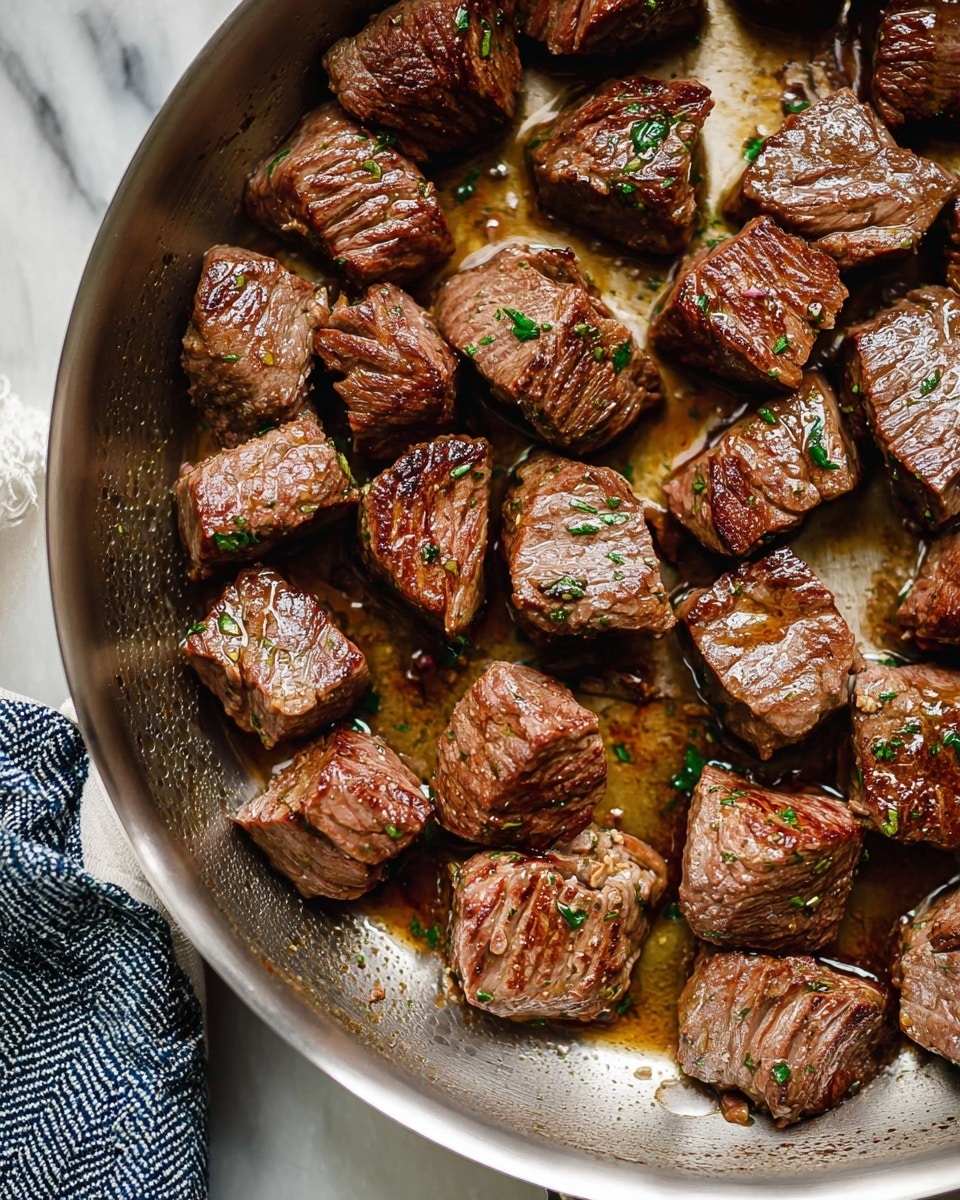 A close-up view of a silver frying pan filled with multiple pieces of seared beef cubes. Each piece has a rich brown color with a slightly crispy texture on the outside, showing grill marks and a sheen of juice that pools among the meat. Small bits of green herbs are sprinkled lightly across the beef, adding contrast. The pan rests on a white marbled surface with a glimpse of a blue and white woven cloth in the corner. photo taken with an iphone --ar 4:5 --v 7