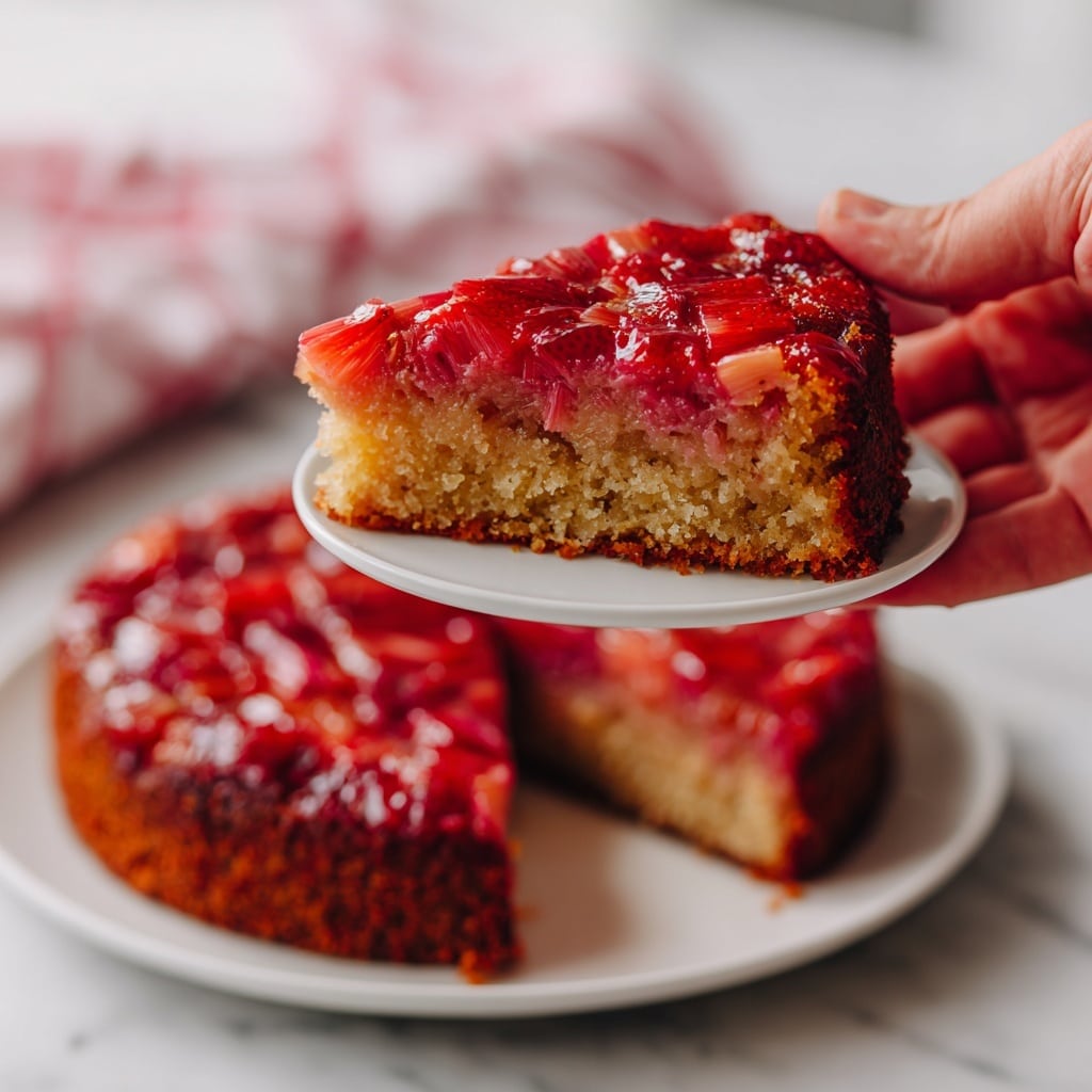 A slice of upside-down cake with two visible layers: the top layer is a glossy mix of red and pink rhubarb chunks that look soft and juicy, covering the entire surface; the bottom layer is a thick, light brown, moist cake with a slightly crumbly texture. The slice is being held above a simple white plate, with more cake slices lying on the same plate, showing the same red and pink rhubarb topping and the light brown cake base. In the background, there is a white marbled surface and a blurred white and red checkered cloth. photo taken with an iphone --ar 4:5 --v 7