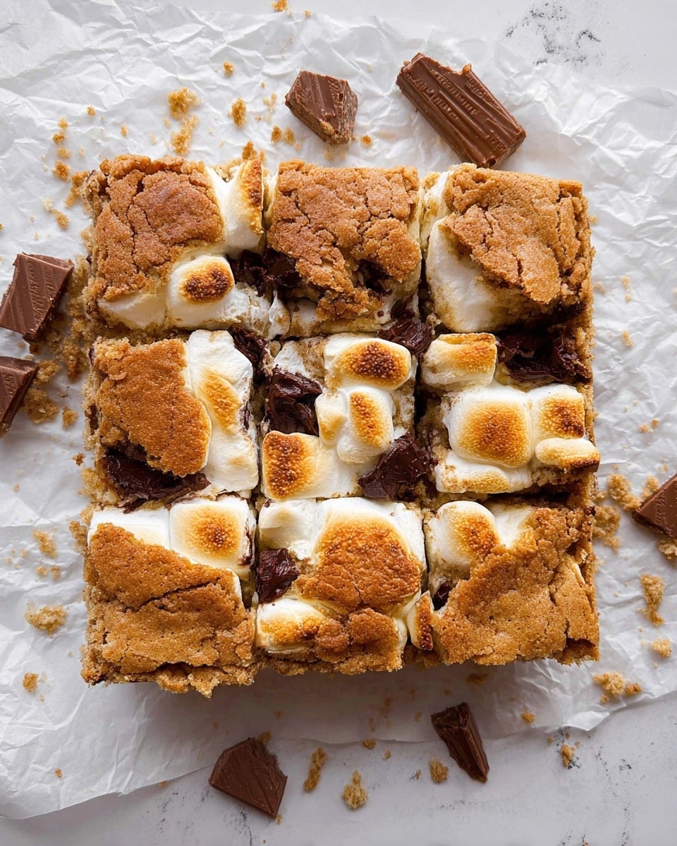 A close-up view of a stack of four layered dessert bars, each bar showing three main layers: a golden-brown crumbly cookie crust at the bottom, a thick, glossy dark chocolate layer in the middle, and a toasted marshmallow layer on top with a slightly browned, uneven texture. The bars are stacked irregularly, with the top bar slightly broken, revealing the soft marshmallow and melty chocolate inside. Crumbs and small pieces of cookie are scattered around on a white marbled surface. The overall look is rich, gooey, and inviting. photo taken with an iphone --ar 4:5 --v 7