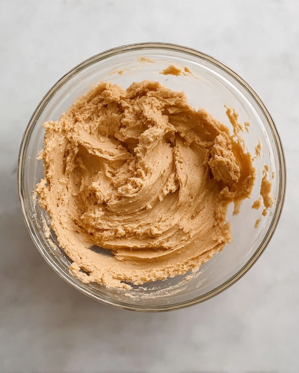 A clear glass bowl contains smooth, light brown dough with a creamy, thick texture. The dough fills the bowl almost halfway, with some spread unevenly on the inner sides. The bowl is placed on a white marbled surface, creating a clean and simple background that highlights the dough's soft and slightly grainy appearance. Photo taken with an iphone --ar 4:5 --v 7