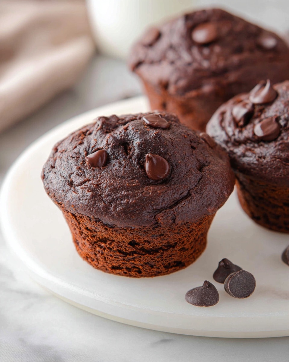A close-up of two chocolate muffins stacked on a white marbled surface shows the bottom muffin whole with a dark brown ridged paper liner, while the top muffin is cut in half, revealing a moist and soft interior with melted dark chocolate chips spread unevenly throughout. The muffins have a rich, dark chocolate color with a slightly cracked, shiny top layer. Scattered around the base are a few chocolate chips and crumbs, adding texture and detail to the scene. In the blurred background, white is visible with more chocolate chips softly out of focus. photo taken with an iphone --ar 4:5 --v 7