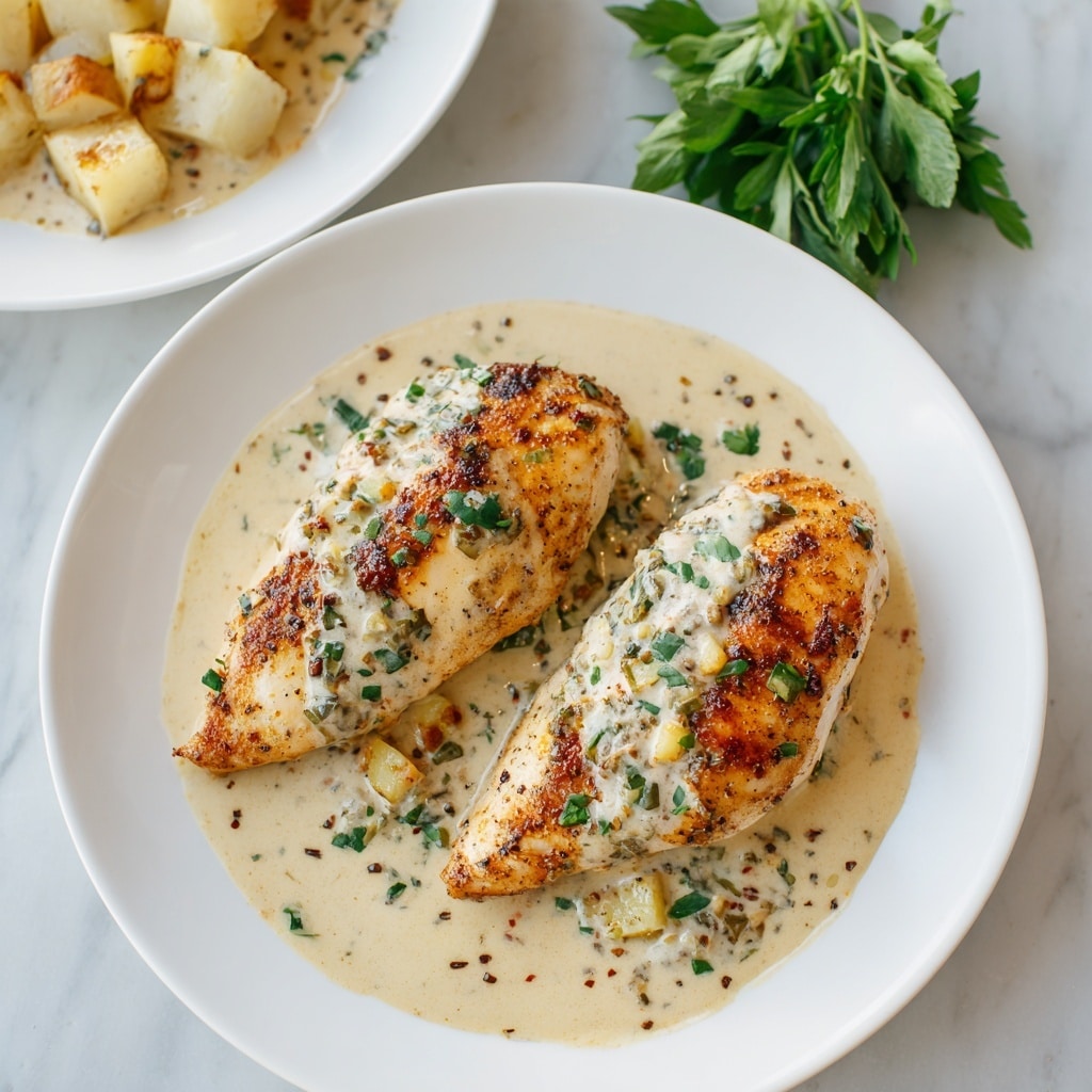 Two grilled chicken breasts with a golden-brown, slightly crispy surface lie on a layer of creamy light beige sauce speckled with small bits and garnished with chopped green herbs. The sauce covers part of the chicken and pools around it on a white plate. On the top left corner, there is a portion of cubed white potatoes, and on the right side, a bunch of fresh green leafy herbs adds a pop of color. The background has a clean white marbled texture. photo taken with an iphone --ar 4:5 --v 7