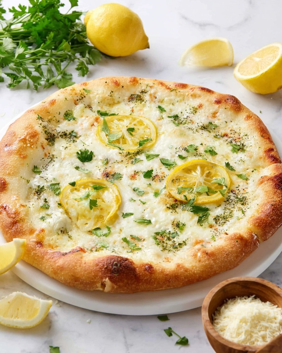 A round pizza with a thick, golden-brown crust forms the base layer, topped with a creamy white cheese layer that has a slightly bubbly texture with green herbs sprinkled throughout. Thin yellow lemon slices are placed evenly on top, adding bright color contrast, alongside small green parsley leaves scattered around. The surface shows hints of red pepper flakes and a drizzle of light yellow oil, enhancing the texture and color. The pizza is placed on a white plate, set on a white marbled surface with lemon wedges and parsley leaves around it, and a small bowl of grated cheese visible at the bottom. photo taken with an iphone --ar 4:5 --v 7
