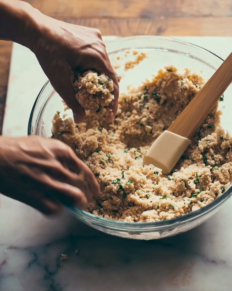 The image shows a rectangular meatloaf with a golden-brown cheesy top layer that is bubbly and slightly crispy with some green herb bits sprinkled all over. The middle part has a chunky, light tan texture with visible pieces of herbs and some melted cheese strands pulling apart as a thick slice is cut from it. The meatloaf rests on a wooden board, with a small white ramekin of creamy sauce beside it and a few green leaves for garnish. The background features a white marbled texture and blurred green leaves in soft focus. Photo taken with an iphone --ar 4:5 --v 7