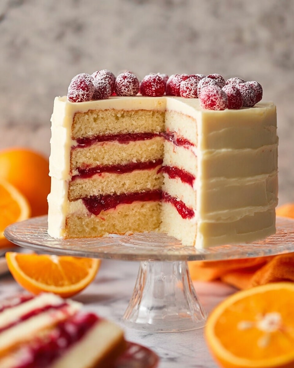 A slice of three-layer white cake with smooth white frosting on the sides and bright red jelly filling between each layer, placed on a white plate with a thin gold rim. The cake looks soft and fluffy with three red jelly stripes evenly spread inside. On the plate around the cake slice, there are several sugared cranberries adding a touch of frosty red detail. A gold fork lies on the wooden surface next to the plate. In the background, a glass dish with red cranberries, half an orange, and a red cloth are softly blurred, while the remaining cake is slightly visible on a glass stand. The whole scene is on a white marbled texture. Photo taken with an iphone --ar 4:5 --v 7