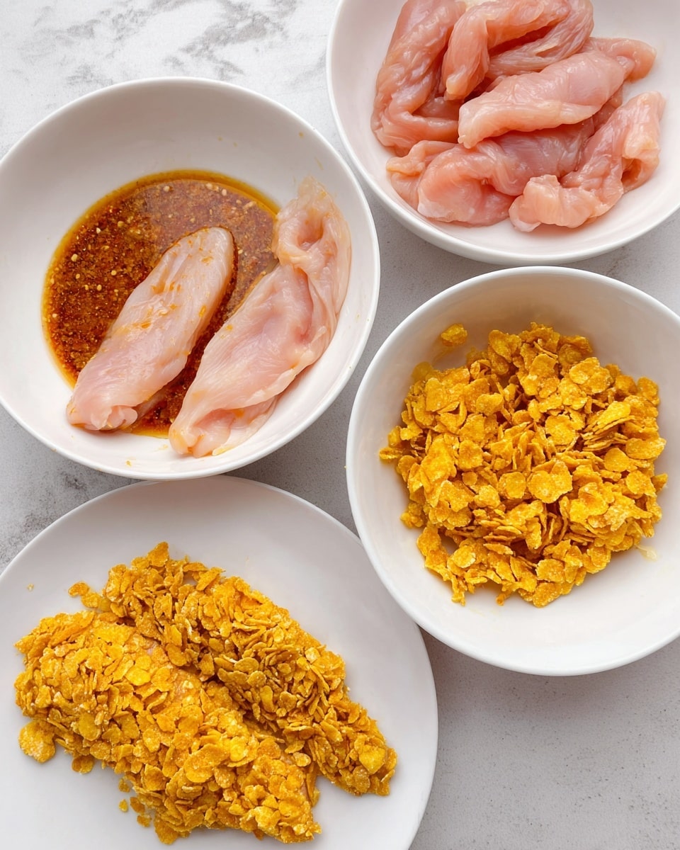 Four crunchy golden brown fried chicken tenders coated with cornflakes are arranged on a round white plate, with light honey drizzles near the bottom edge. The chicken tenders have a rough crispy texture with irregular flakes. In the background, a white bowl of dipping sauce sits beside a white cloth on a white marbled surface. Another white plate with more chicken tenders is also blurred in the back. The photo taken with an iphone --ar 4:5 --v 7