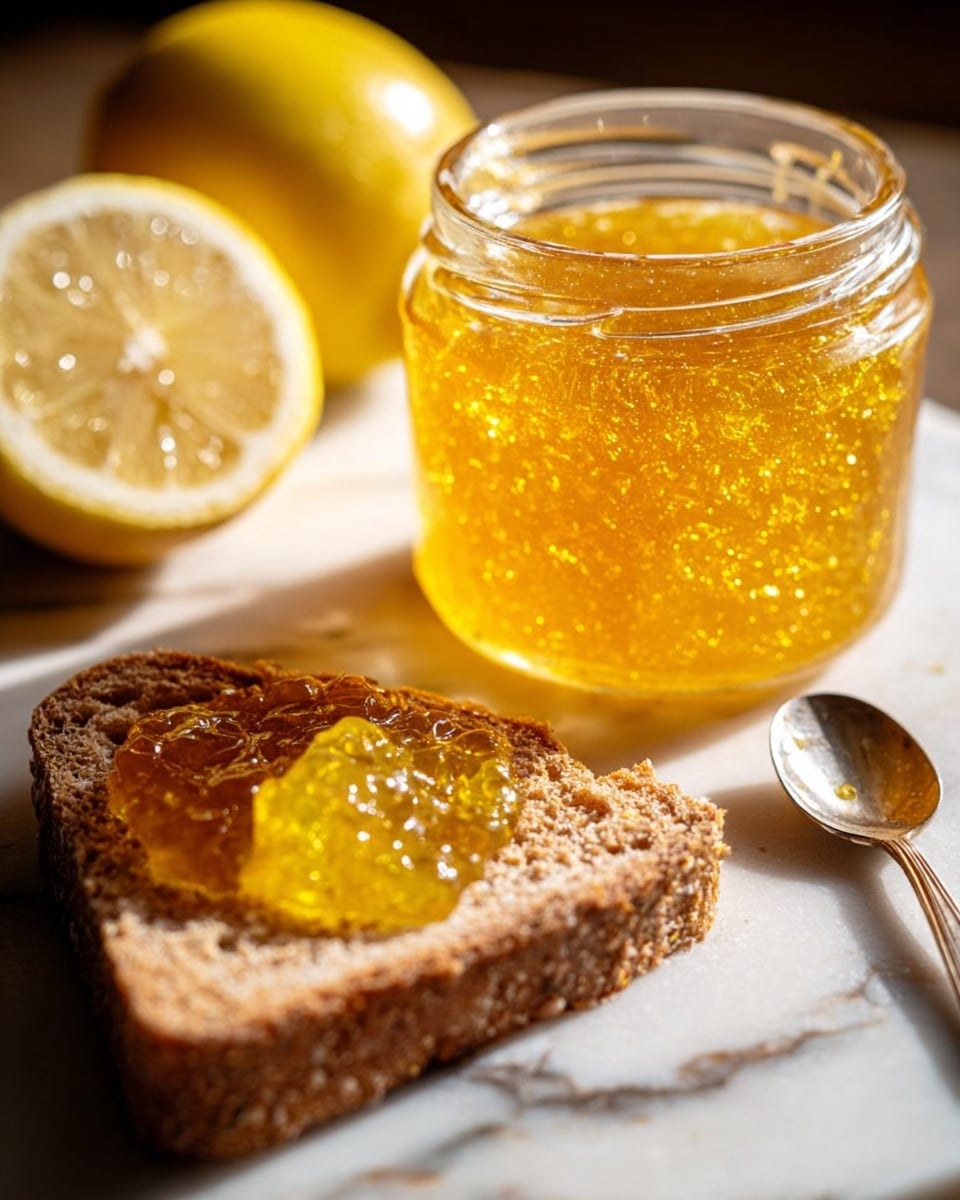 Three small clear glass jars filled with a thick, golden yellow lemon jam are placed on a beige towel over a wooden surface. One jar in the front is catching jam being poured into it from a large metal ladle with a wooden handle, showing a smooth, sticky texture with small bits. In the background, two whole yellow lemons sit slightly blurred on the wooden surface. The background has a soft warm light creating a cozy feel. photo taken with an iphone --ar 4:5 --v 7