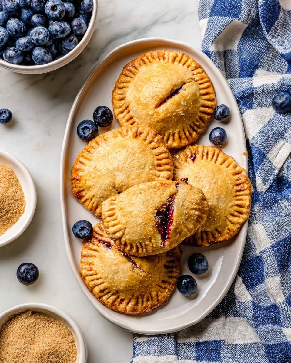 A stack of three golden brown hand pies sits on a white plate with a white marbled background. The top hand pie is broken in half, showing two layers: the outer golden, flaky crust with sugar crystals, and the inside thick dark purple blueberry filling, which is glossy and oozing slightly. Around the plate, fresh blueberries scatter, adding pops of deep blue color. Behind the plate, there is a white bowl filled with blueberries. The whole scene has a cozy and fresh look. Photo taken with an iphone --ar 4:5 --v 7
