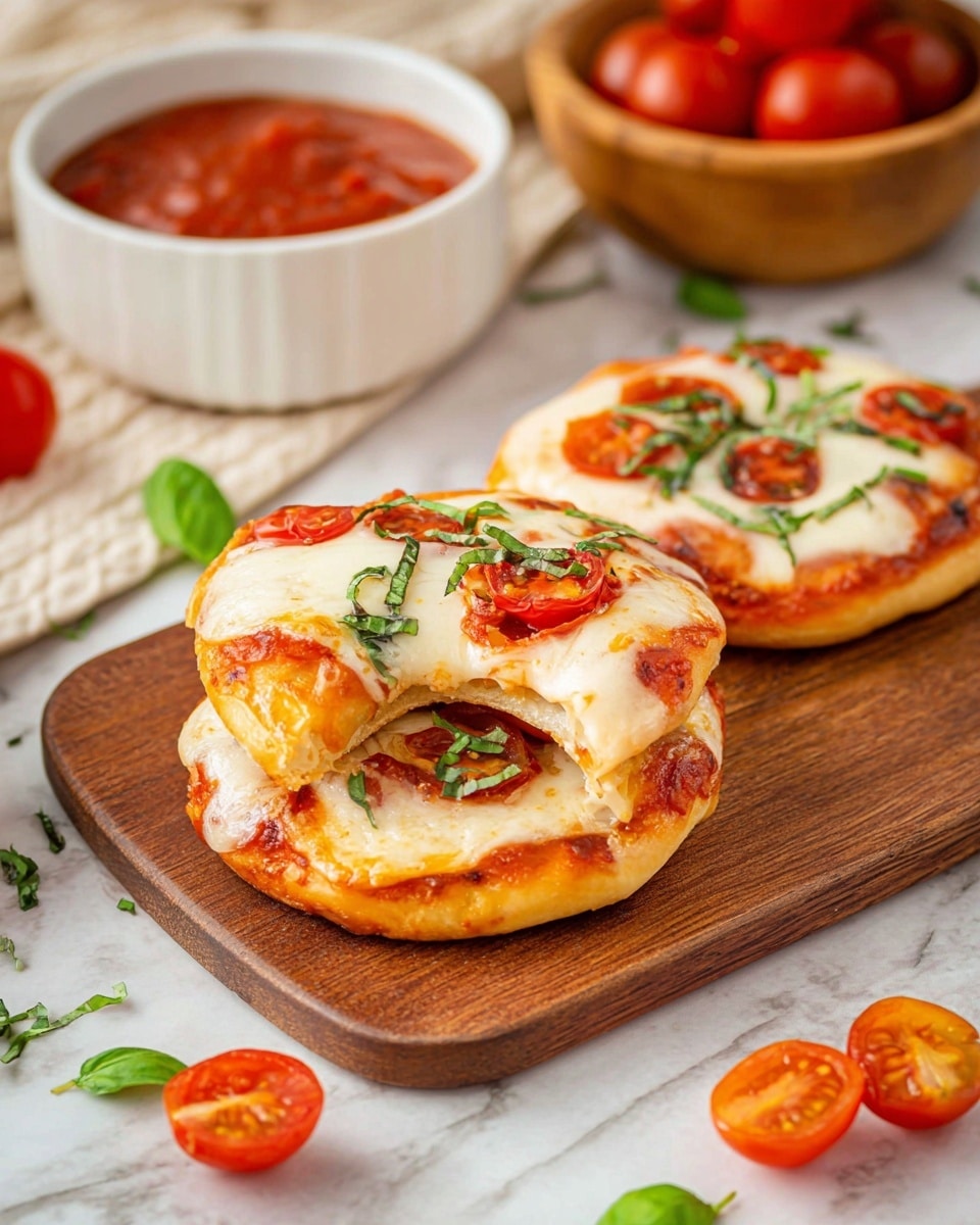 Two small pizzas stacked on a wooden board, each with one layer of golden-brown crust topped with red tomato sauce, melted white cheese, halved bright red cherry tomatoes, and green basil leaves scattered on top. The upper pizza has a bite taken out, showing the soft inside of the crust. Around the pizzas, there are more cherry tomato halves and small green basil pieces scattered on a white marbled texture. In the background, a white bowl filled with red sauce and a wooden bowl with whole cherry tomatoes add more color to the scene. Photo taken with an iphone --ar 4:5 --v 7