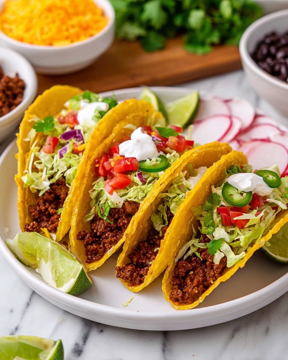 A close-up view of a white bowl filled with rich, reddish-brown seasoned ground meat mixed with small pieces of cooked onion. A metallic spoon lifts a portion of the chunky meat mixture, showing its texture and moistness. Behind the bowl, there is a white plate with bright yellow taco shells and fresh green cilantro leaves on a wooden board, along with halved limes. A blue and white striped cloth is placed on a white marbled surface below. photo taken with an iphone --ar 4:5 --v 7