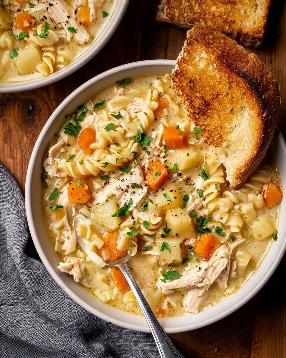 The image shows a white pot filled with creamy chicken noodle soup. The soup has several layers: a thick creamy base with a light beige color, chunks of shredded white chicken, small diced orange carrots, and short curly yellow noodles spread throughout. The soup is sprinkled with small green herb pieces and some black pepper on top. A wooden spoon with a dark brown handle is partly dipped into the soup from the left side. Behind the pot, there is a white plate with toasted slices of light golden-brown bread and a small gray bowl with finely chopped green herbs on the right. The setting surface is a white marbled texture. photo taken with an iphone --ar 4:5 --v 7