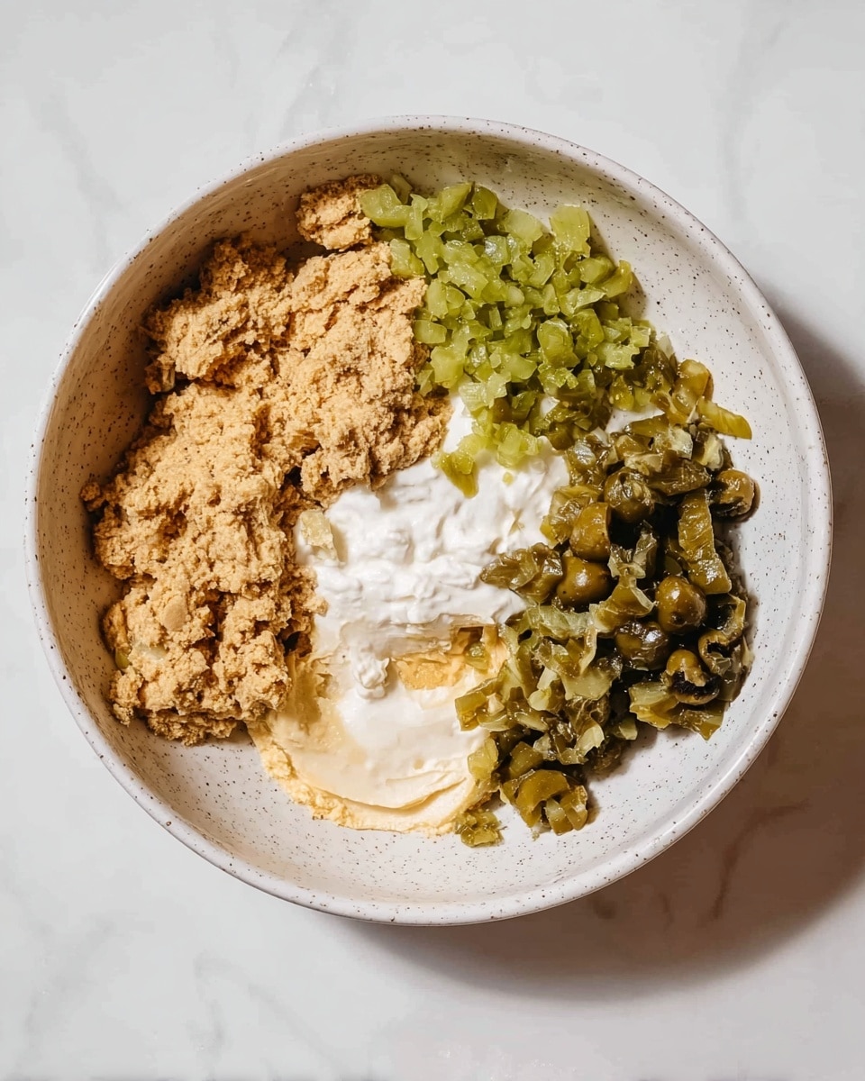 A close-up of a triple-layer sandwich stacked vertically with three slices of toasted brown bread. Between each slice, there is a thick layer of light tan chickpea salad with a chunky texture, mixed with small green herb pieces. Each chickpea layer sits on bright green crisp lettuce leaves, adding contrast and freshness. The top slice of bread is held in place by a light wooden sandwich pick with a loop at the top. The sandwich is placed on white parchment paper over a white marbled surface, with soft natural light highlighting the textures. photo taken with an iphone --ar 4:5 --v 7