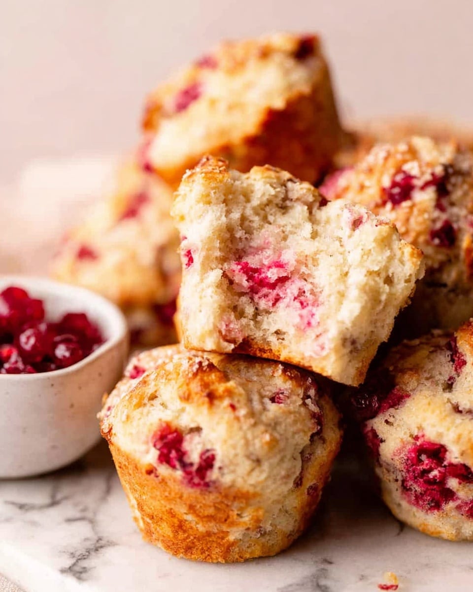 The image shows a close-up of several muffins with a golden-brown crust and soft, fluffy inside. Each muffin has scattered red berry pieces embedded within, creating splashes of red and pink through the light beige crumb. One muffin is broken open on top of the others, revealing the moist, airy texture and the mixed red berry bits inside. The muffins are displayed on a white marbled surface with a small white bowl of additional red berries partially visible in the background. The scene is bright and has soft natural light, focusing on the texture and colors of the muffins. photo taken with an iphone --ar 4:5 --v 7