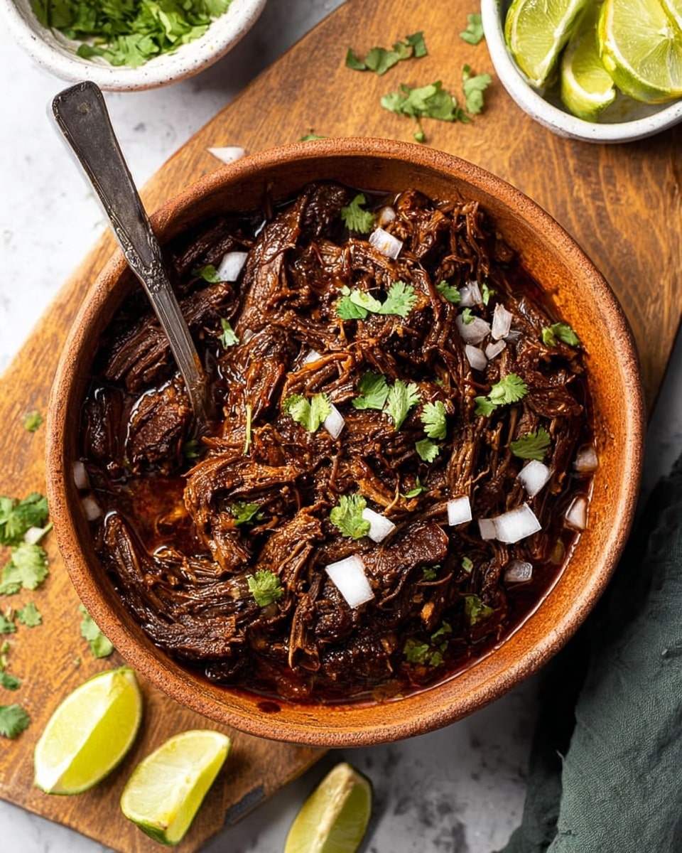 Three soft, white corn tortillas with light char marks are folded and filled with a thick, dark brown shredded meat that looks juicy and tender. Each taco has fresh green cilantro leaves and small white onion pieces sprinkled on top. The tacos rest on a white marbled surface, and a bright green lime wedge is visible to the side. In the background, there are bowls filled with more shredded meat and chopped green herbs. photo taken with an iphone --ar 4:5 --v 7