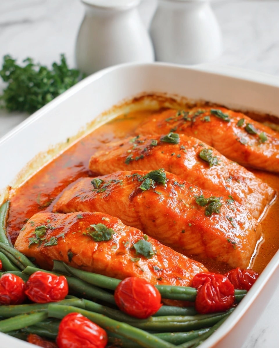 A white rectangular baking tray holds a meal with three main layers arranged side by side: on top, four bright orange-glazed salmon fillets with a slightly shiny texture, sprinkled with fresh green parsley bits; below this, a mix of vibrant green beans and halved red cherry tomatoes scattered loosely; at the bottom, a row of roasted golden-yellow potato halves with slightly crispy edges. The tray is on a white marbled surface, with an orange cloth napkin and fresh parsley around it. photo taken with an iphone --ar 4:5 --v 7