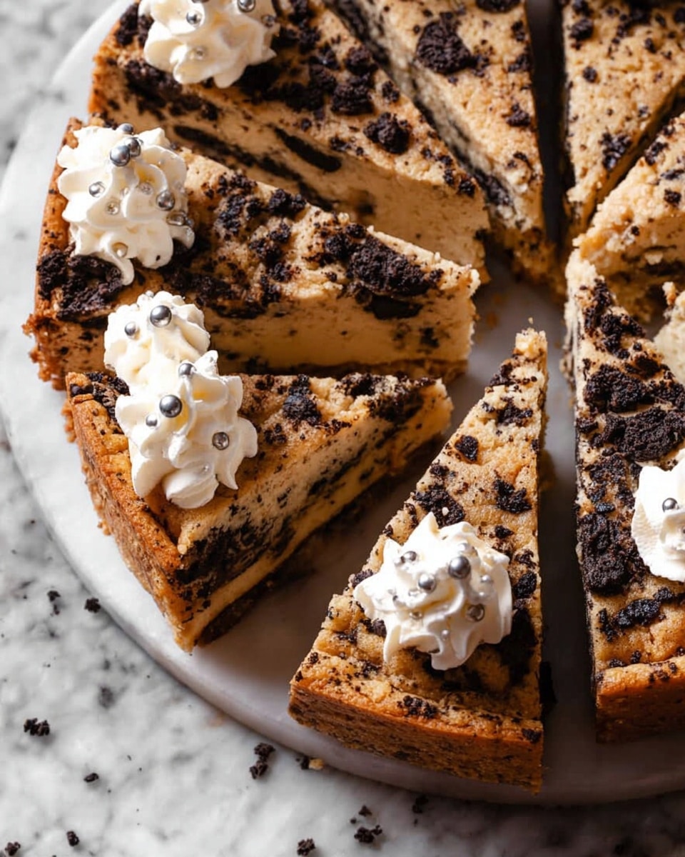 This image shows six triangular slices of a cookie-like dessert with bits of dark cookies mixed throughout a golden-brown baked layer that looks soft and chewy. The top surface is speckled with chunks of dark cookies and small silver balls, giving it a textured look. The bottom layer is the same golden baked dough with cookie pieces. Some slices have small white whipped cream rosettes with tiny silver balls on top at the wider edge. One slice is slightly lifted, showing the thick, dense texture inside with dark cookie pieces evenly spread throughout. The background is a white marbled texture. photo taken with an iphone --ar 4:5 --v 7