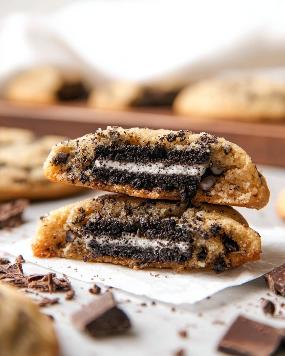 The image shows thick, soft cookies covered in dark cookie crumbs on top, placed on a sheet of crumpled white parchment paper over a wooden board. Each cookie is a light golden color with dark brown chunks and crumbs scattered on the surface, some with visible melted chocolate peeking out from inside. There are a few pieces of broken dark chocolate and a halved cookie placed around the cookies on the board. The background features a white marbled texture. photo taken with an iphone --ar 4:5 --v 7
