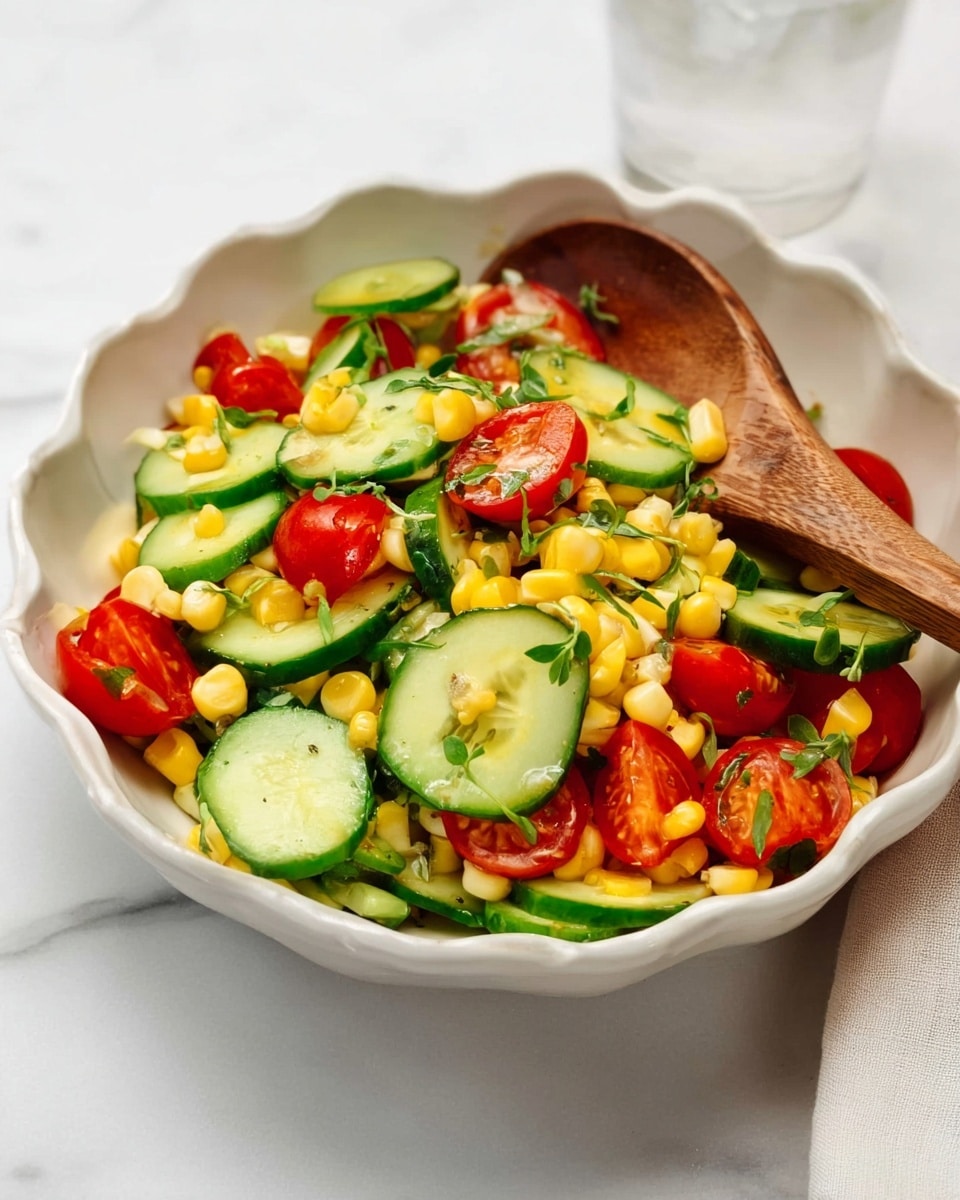 A white scalloped bowl holds a colorful salad with three visible layers: the first layer is bright yellow corn kernels, the second layer has sliced green cucumbers with a fresh texture and visible seeds, and the third layer consists of halved and whole red cherry tomatoes with a shiny surface. Small green herb leaves are sprinkled throughout the salad. A wooden spoon rests inside the bowl, partly under some cucumber slices. The bowl sits on a white marbled surface next to a clear glass and a light gray cloth. photo taken with an iphone --ar 4:5 --v 7