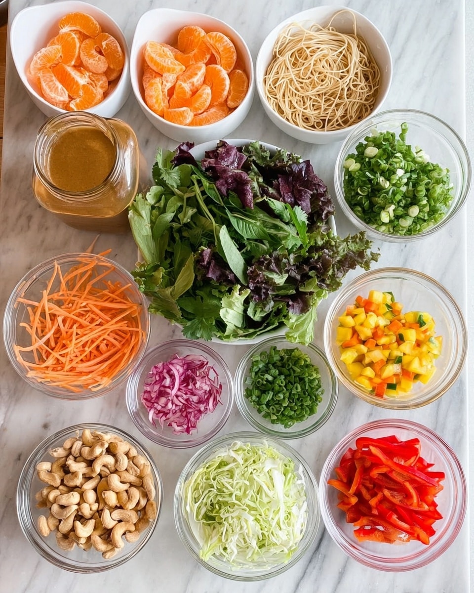 A white bowl filled with a fresh salad layered with mixed green and leafy vegetables at the bottom, thin spiralized yellow and orange vegetables scattered throughout, topped with several thick slices of grilled chicken breast with dark brown grill marks. The dish is drizzled with a thick, creamy brown sauce. There are also crunchy cashew nuts sprinkled on top. The bowl sits on a white marbled surface with three small oranges in the background and another similar bowl slightly out of focus. A golden fork is placed near the bowl, and a woman's hand is reaching toward it. photo taken with an iphone --ar 4:5 --v 7