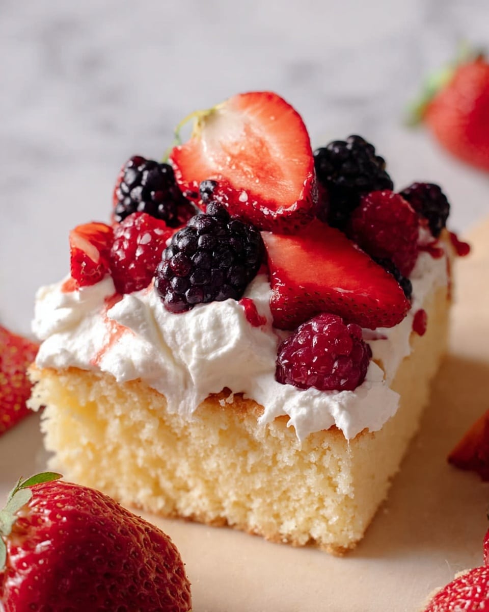 A square cake with a light beige base layer sits on a piece of parchment paper over a white marbled surface. The top layer is a thick spread of white whipped cream covering the entire cake base. On top of the cream, there is a generous mix of fresh red strawberries sliced into halves and quarters, whole red raspberries, and dark blackberries scattered unevenly but filling the surface. There are a few strawberries and blackberries placed around the cake on the white marbled background. Photo taken with an iphone --ar 4:5 --v 7
