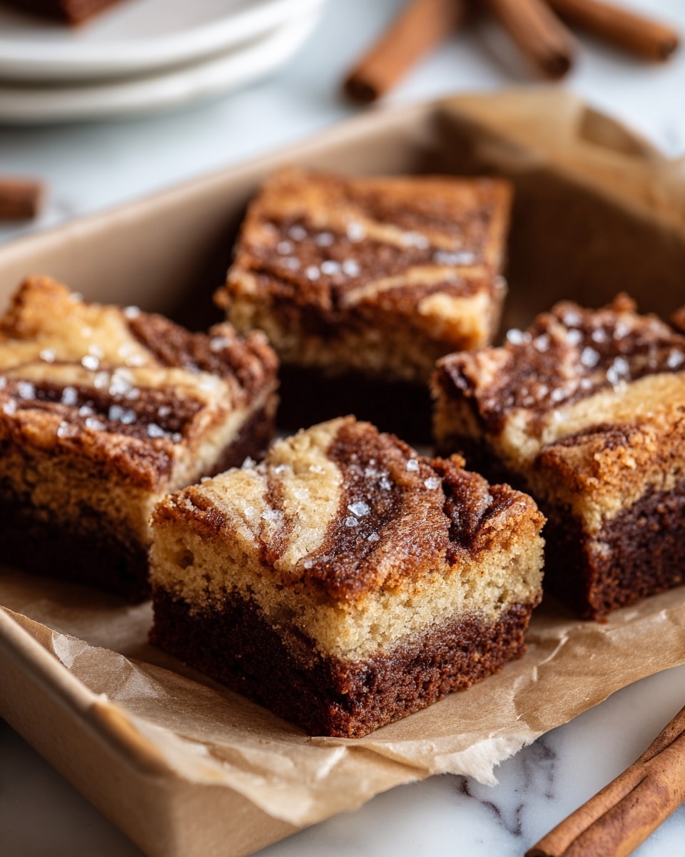 A close-up view of four square pieces of cinnamon swirl blondies placed in a brown baking pan on a white marbled surface. Each blondie has two main layers: a dense, dark brown bottom layer and a lighter golden top layer with a cracked, crumbly texture and visible swirls of cinnamon creating a marbled pattern. Light sugar crystals are sprinkled on top, adding a slight sparkle. The background shows white plates and cinnamon sticks slightly out of focus. Photo taken with an iphone --ar 4:5 --v 7